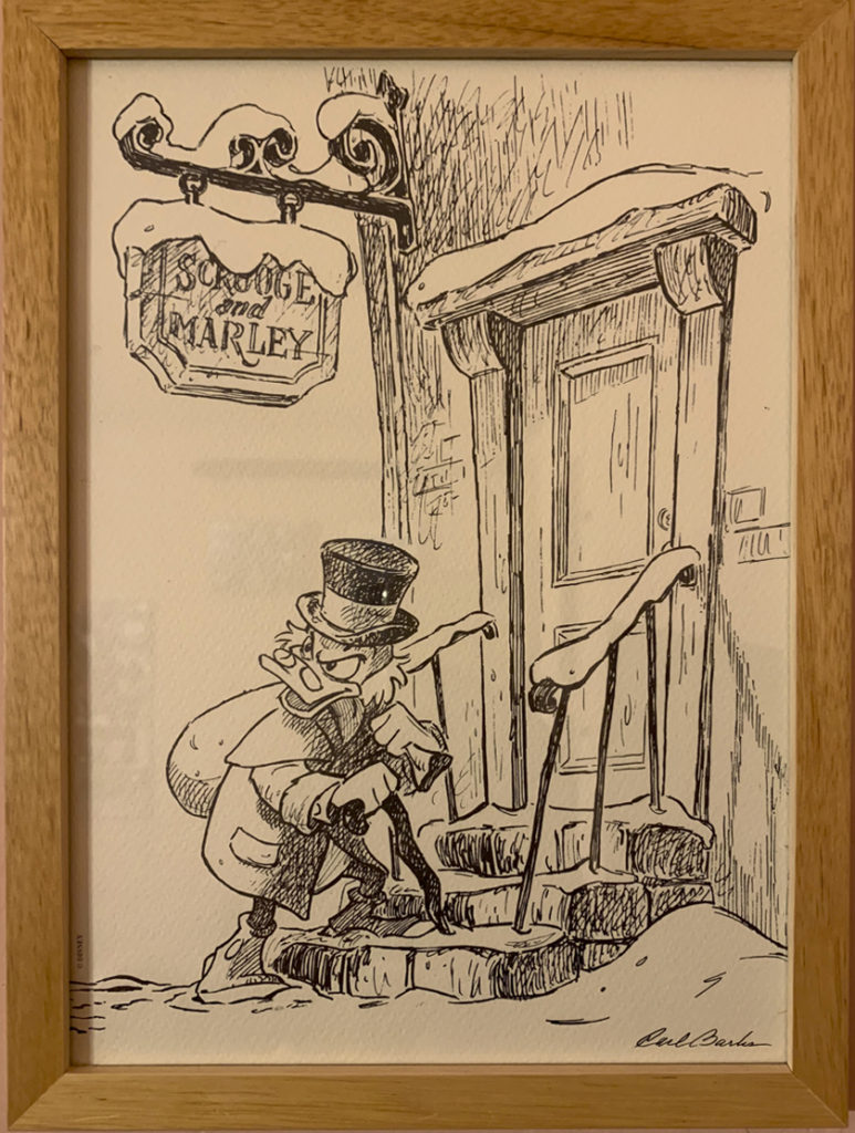 Disegno a china di Carl Barks di Zio Paperone sulla porta di casa sua